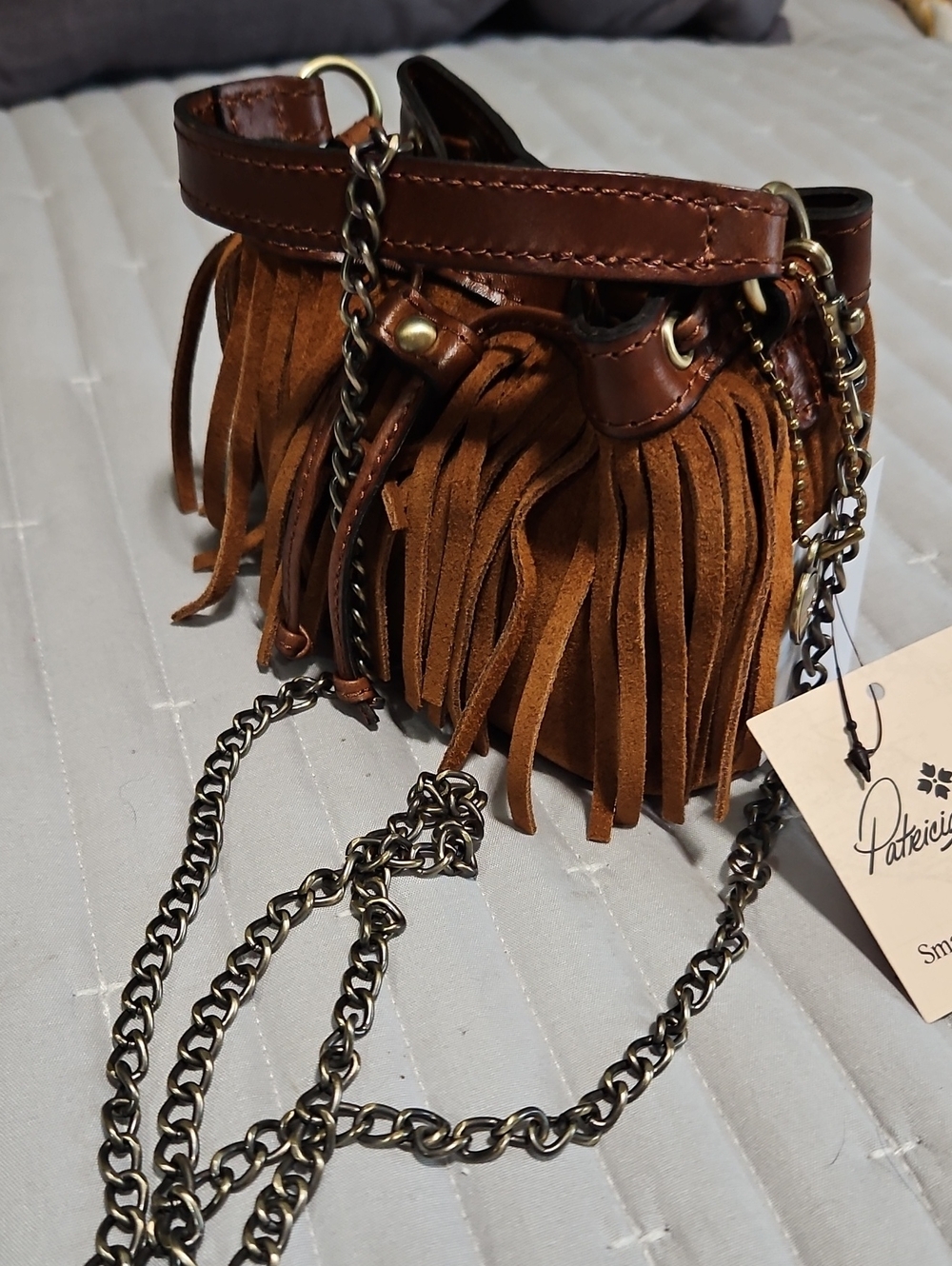 Patricia Nash Brown Suede Fringe Drawstring Mini Hobo And Crossbody Bag - Picture 13 of 14